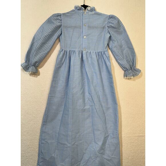 Baylis Brothers 70's VTG Blue & White Gingham Dress Girl 6X 3/4 Sleeve Lace Trim - Picture 6 of 8